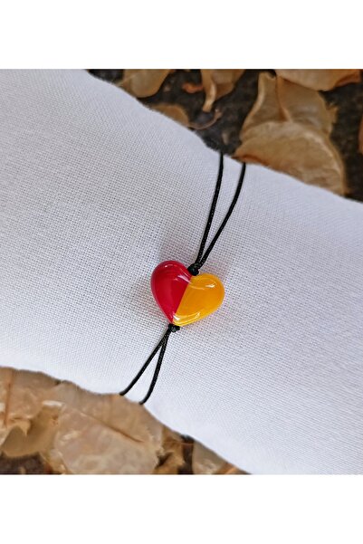 Tutti El Yapımı Cam Kalp Bileklik – Galatasaray Renklerinde Kırmızı Sarı, Unisex Taraftar Takısı