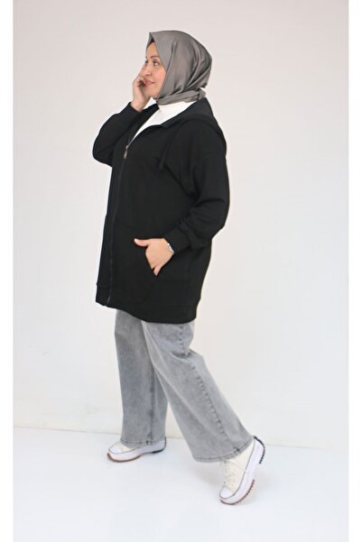 Eslina 53057 Plus Size Hooded Zippered Modal Jacket - Black
