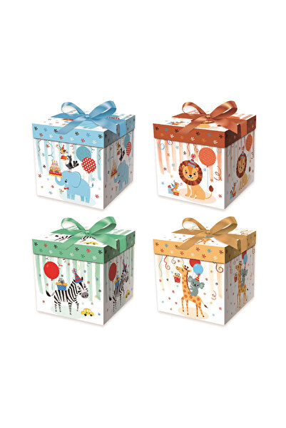 Mirific Party Set of 4 multicolor gift boxes, 10 x 10 x 10 cm, assorted animal designs
