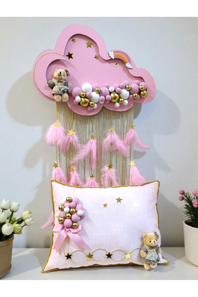 Yavuz Süs Işıklı Pembe & mavi püsküllü Bulut Kapı Süsü&Yastık Takım