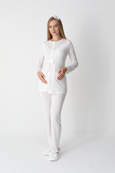 BLACKMORE Women's Ecru Special Lace Detailed Design Cotton Maternity Pajamas 3-Piece Set