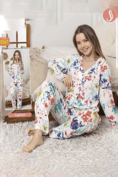 REMSA Women's Floral Pattern Buttoned Saphire Pajama Set 0367 Ecru