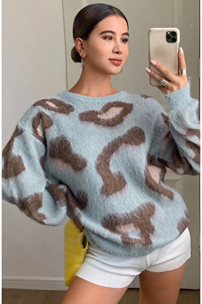 ALİVİONS Yumuşacık Dokulu Mavi Kahve Desenli Oversize Kazak