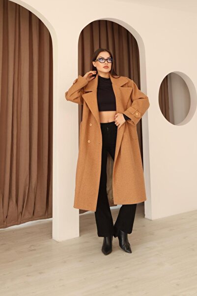 Leo Ferre Women's Camel Cashmere Double-Breasted Collar Long Overcoat. 1172