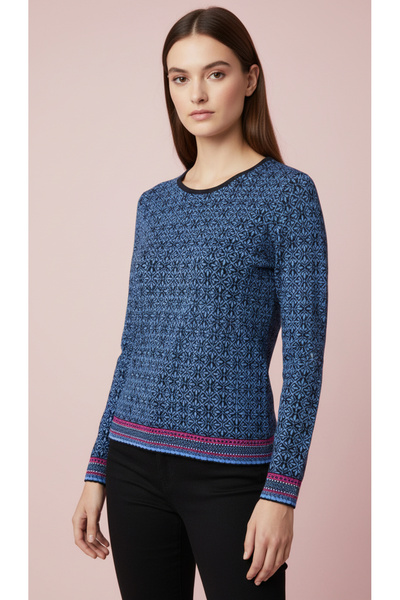 Digz fashion Mavi Etnik Jakar Desenli Triko Kazak