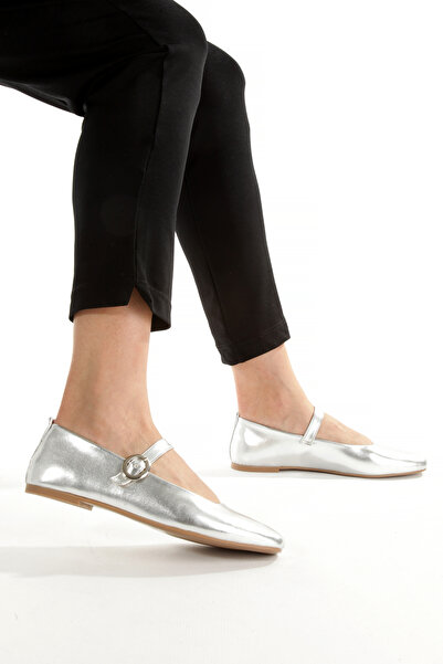 LUNA SHOES Balerini Mary Jane argintii metalici pentru femei - pantofi de zi cu zi, eleganti și strălucitori