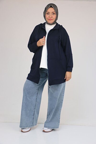 Eslina 53057 Plus Size Hooded Zippered Modal Jacket - Navy Blue