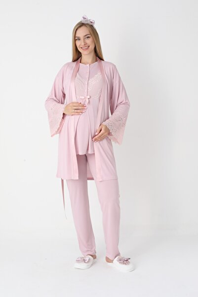 BLACKMORE Women's Powder Special Lace Detailed Design Cotton Maternity Pajamas 3-Piece Set