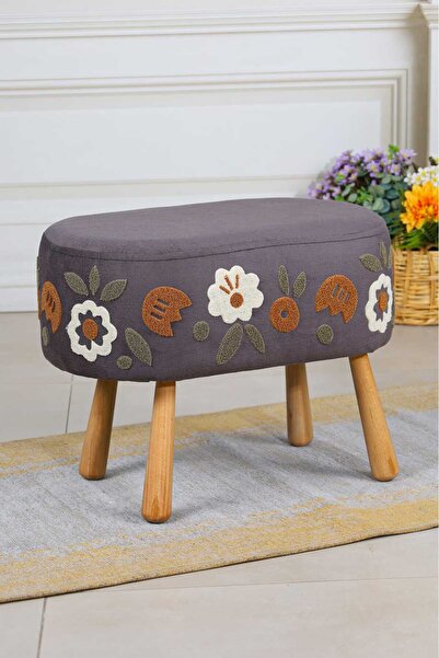 PUFMANYA DEFNE PUNCH NAKIŞLI YÜKSEK KALİTE DOĞAL AHŞAP BOHEM AYAKLI OVAL PUF