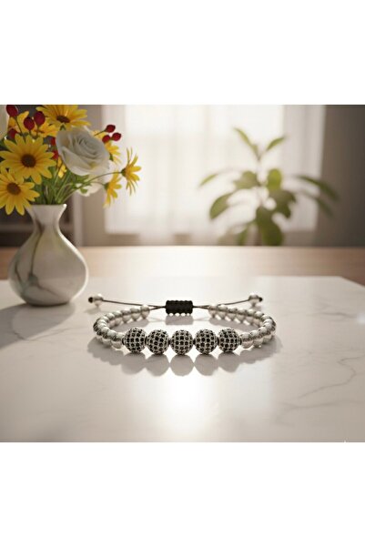 ASALEA سوار رجالي من الفولاذ مطلي بالفضة مع حجر الهيماتيت الطبيعي (سلسلة VIP ...