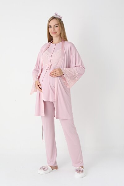 BLACKMORE Women's Powder Special Lace Detailed Design Cotton Maternity Pajamas 3-Piece Set