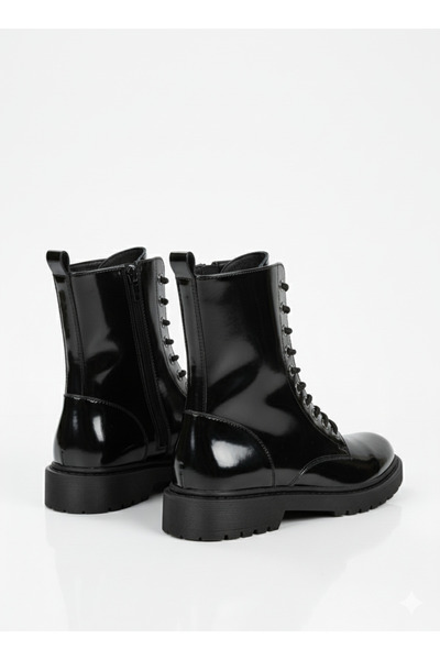 Limeo Lace-Up Zippered Non-Slip Sole Black Leather Women's Boots