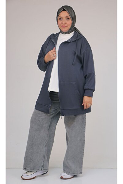 Eslina 53057 Plus Size Hooded Zippered Modal Jacket - Anthracite