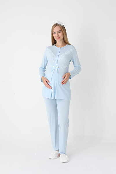 BLACKMORE Women's Blue Special Lace Detailed Design Cotton Maternity Pajamas 3-Piece Set