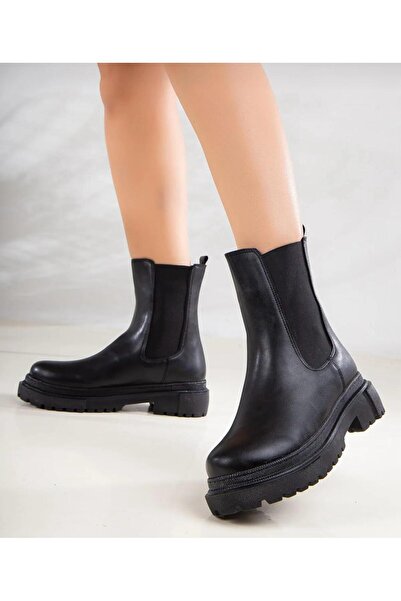 RVNS SHOES Kadın Siyah Yanı Lastikli Kalın Tabanlı Postal Bot