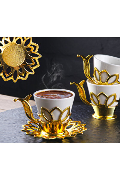 KT HOME Turkish Coffee Cup Set Presentation Set for 6 People Tulip Patterned Coffee Set