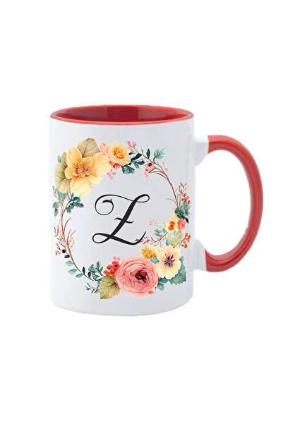 AFFIX THE DIFFERENT PERSPECTIVE Personalized white mug with initial of name inside and red handle Flower-Alphabet Collection letter Z