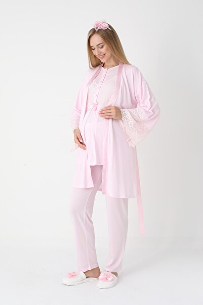 BLACKMORE Women's Pink Special Lace Detailed Design Cotton Maternity Pajamas 3-Piece Set