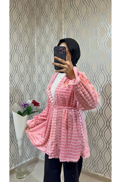 DİLEKBUTİK Pink Feathered Unlined Belted Kimono