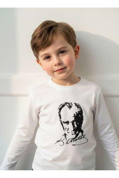 KUMRUNUN DÜNYASI Long Sleeve White Ataturk Printed Unisex Kids Tee T-Shirt Body
