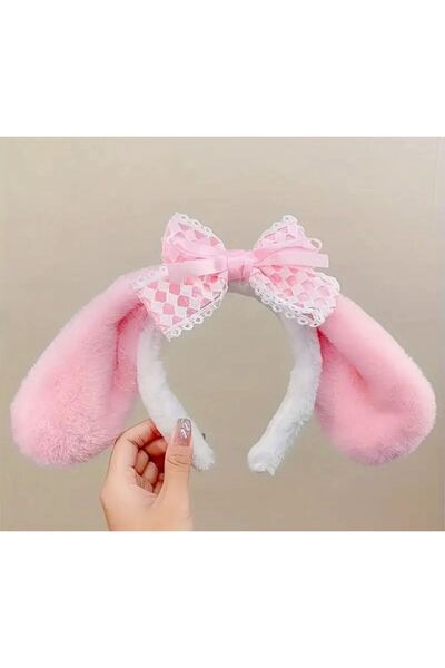 Madam Nora Pink Rabbit Ear Plush Crown – Cute Hair Accessory with Bow and Lac...
