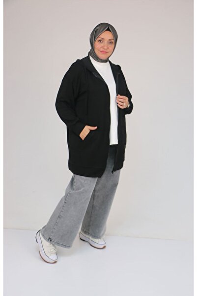Eslina 53057 Plus Size Hooded Zippered Modal Jacket - Black