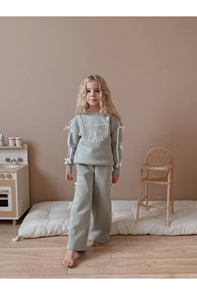 Jolly Kids Girl's Beaded Bow Detailed Sweatshirt Winter Set