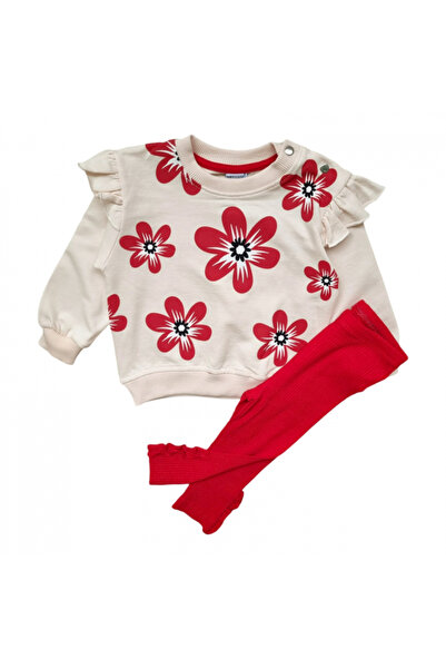 Miniworld Girls' 2-piece cotton outfit, Flowers, 18-24 months, 92 cm, Red