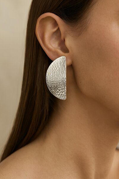 COCOSH TAKI Minimal Half Moon Shape Silver Textured Modern Design Earrings