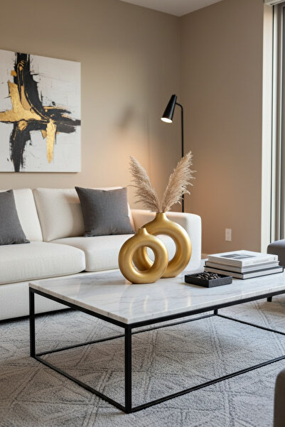 aden home 2'li Halka Vazo Seti Modern Mat Gold Donut Vazo Minimalist Dekorati...