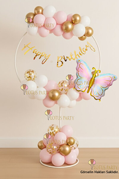 LOTUS PARTY Stantlı Kelebek Doğum Günü Seti - Kelebek Folyo Balon - Pembe Gol...