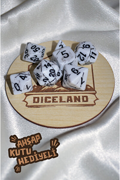 DiceLand Beyaz Mermer El Yapımı DND Zar Seti – DiceLand, 7’li RPG Zarları + Ahşap Kutu Hediyeli!