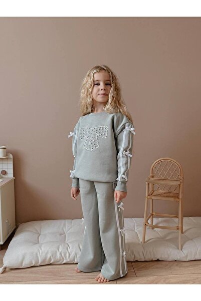 Jolly Kids Girl's Beaded Bow Detailed Sweatshirt Winter Set