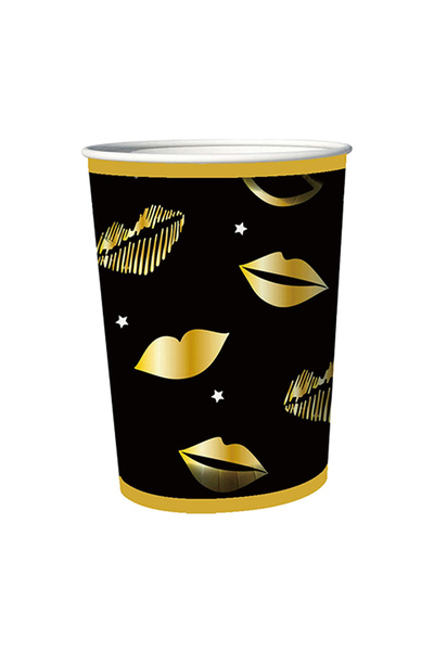 Mirific Party Set of 8 paper cups gold, black, 8.7 cm, lips, PZ3850