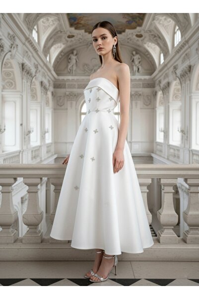 MHM STUDIO Beyaz Parlak Gelinlik Kumaşı Midi Boy Taşlı Zarif Nişan Söz Nikah Elbisesi