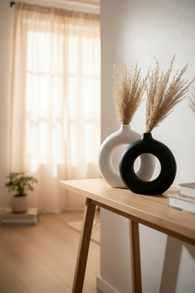 aden home 2'li Halka Vazo Seti Modern Mat Siyah Beyaz Donut Vazo Minimalist D...