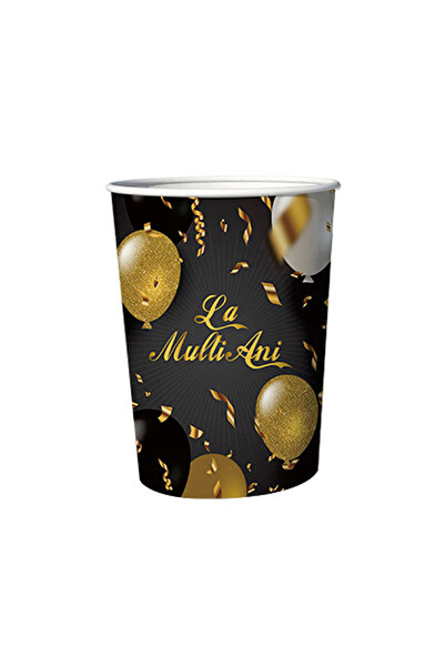 Mirific Party Set of 8 paper cups — black, gold, silver, balloons, 'Happy Bir...
