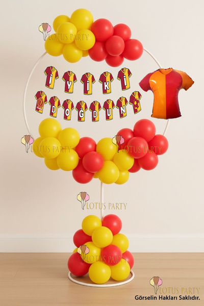 LOTUS PARTY منصة عيد ميلاد بتصميم المشجعين، منصة عيد ميلاد بتصميم كرة القدم، منصة عيد ميلاد باللون الأصفر والأحمر للمشجعين