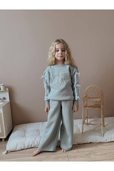 Jolly Kids Girl's Beaded Bow Detailed Sweatshirt Winter Set