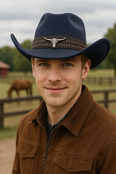 BALIENTE Navy Blue Accessory Detailed Stamped Cowboy Men's Hat