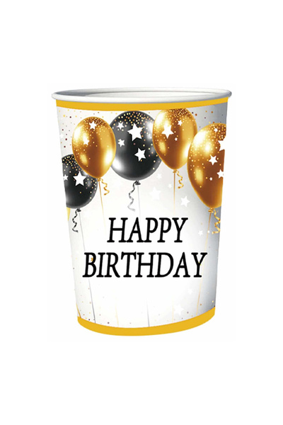 Mirific Party Set of 8 paper cups, white and black, 8.7 cm, "happy birthday" (PZ3851)