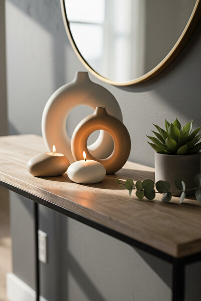 aden home 2'li Halka Vazo Seti Modern Mat Krem Kahve Donut Vazo Minimalist De...