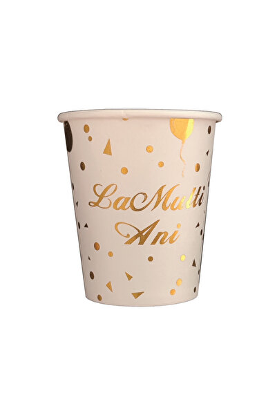 Mirific Party Set of 8 paper cups, white and gold, 8.7 cm, 'Happy Birthday'