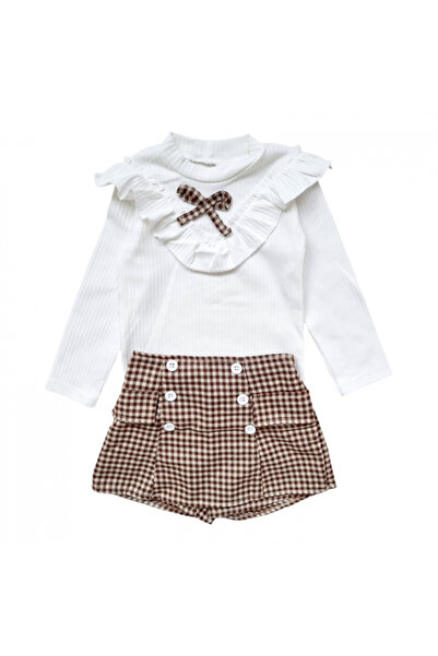 Miniworld Elegant 2-piece girls' outfit, plaid trouser skirt, white blouse with ruffles