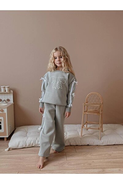 Jolly Kids Girl's Beaded Bow Detailed Sweatshirt Winter Set