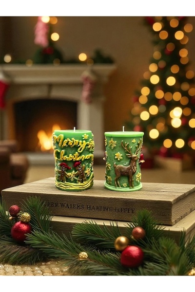 magnocandles Yılbaşı Chrismas Yeni yıl 2’li yeşil Mum Geyik Kurabiye adam