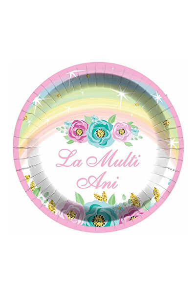 Mirific Party Set of 8 Multicolor Cake Plates, 18 cm, Flower, 'Happy Birthday...