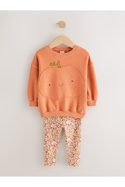Next Baby Cotton Orange Pumpkin Patterned Sweatshirt Bottom Top Set