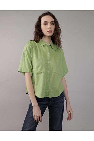 AMERICAN EAGLE قميص AE من مزيج الكتان بأكمام قصيرة وأزرار