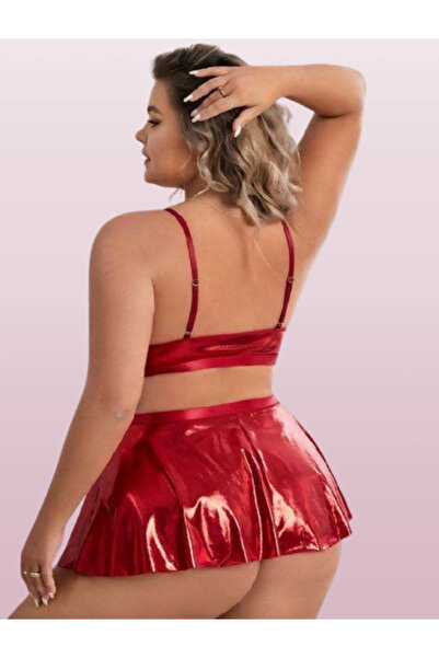 Cooqpoo Red 2Xl-3Xl-4Xl Size Thin Strap Bra Skirt Leather Oversize Dress